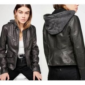 Free People Monroe Vegan leather Jacket Hoodie Biker Motor Jacket Black Small